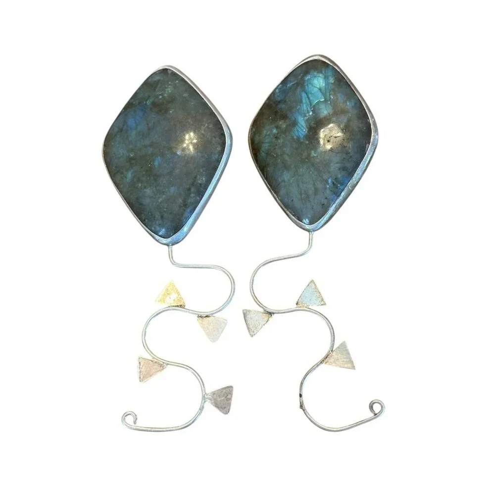 Vintage Sterling Silver 925 Labradorite Dangle‎ Earrings Modern Artisan 33.76g